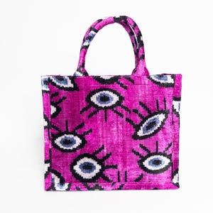 Evil Eye Ikat Velvet Tote Bag |Pink Silk Boho Bag | Handwoven Statement Tote | Eye Pattern | Tote bag | Ikat tote bag