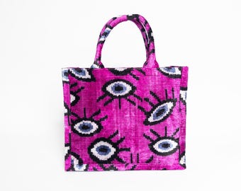Evil Eye Ikat Velvet Tote Bag: Handwoven Silk Boho Bag
