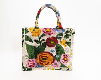 Floral Ikat Velvet Tote Bag: Handmade Boho Shopper Purse