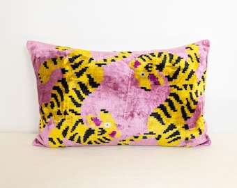 Tiger Ikat Velvet Pillow | Pink Yellow Animal Pattern Cushion | Handwoven Silk Decorative Throw Pillow