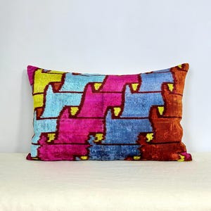 Colorful Velvet Ikat Pillow Cover 40x60 | Handmade Lumbar Cushion | Bright Multicolor Throw Pillow | Boho Home Decor