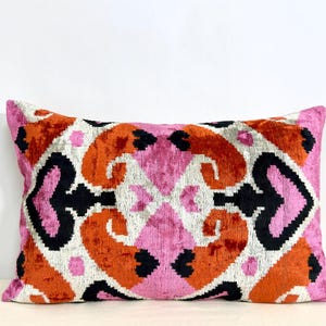 Handmade Ikat Velvet Pillow Cover | Orange Pink Black Decorative Cushion | Uzbek Silk Velvet | Boho Home Decor