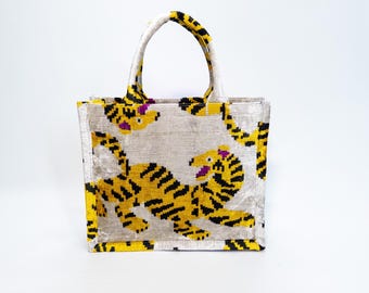 Handmade Ikat Velvet Tote Bag: Tiger Print Silk Shopper