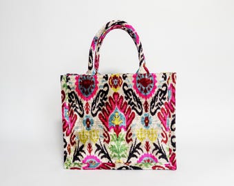 Handwoven Silk Velvet Ikat Tote Bag: Large Ethnic Shoulder Bag