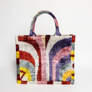 Modern Velvet Ikat Tote Bag | Handwoven Silk Geometric Bag | Colorful Boho Shopper | Large Handmade Market Tote |Geometric Ikat Tote Bag