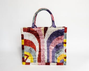 Handwoven Velvet Ikat Tote Bag: Large Boho Silk Shopper