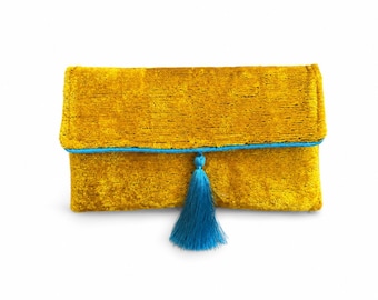 Handwoven Ikat Velvet Clutch: Golden Mustard Silk Purse with Tassel