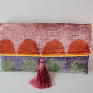 Velvet Ikat Clutch Bag: Handwoven Silk Foldover Purse with Tassel