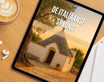 May include: A digital tablet displays a book cover with the title "DE ITALIAANSE SPRONG" and an image of a white building with a conical roof. The cover also includes text in Dutch and a scenic background. A cup of coffee and earbuds are on the wooden surface.