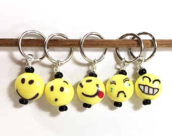 Yellow Emoji Stitch Markers Set of 5 Cute & Fun no snag KNIT or CROCHET Stitch Markers. Smily Face Happy Face Emoticon Stitch markers.