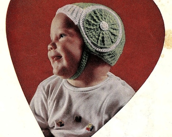 PATTERN Vintage 1950s Baby Hat Pattern with Chin Strap Crocheted Baby Boy Hat Pattern Red Heart Green Hat