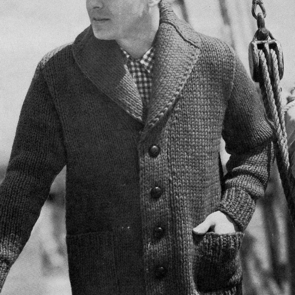 PATTERN 1950s Mens Cardigan Button Down Bulky Sweater Shawl Collar to Knit PDF Pattern Vintage Sweater Pattern to knit.