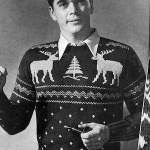 PATTERN 1940s Vintage Mens Reindeer Pullover Sweater PDF Pattern Christmas Sweater Holiday Jumper Retro Ugly Christmas Holiday Sweater Knit