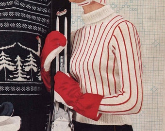 PATTERN 1950s Vintage Ladies Striped Ski Sweater with Cap Turtle Neck Sweater Chin Strap Hat