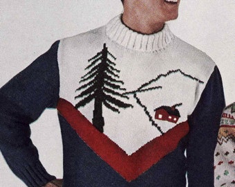 Vintage Ski Lodge Mens Pullover Sweater to Knit PDF Pattern Color work pattern