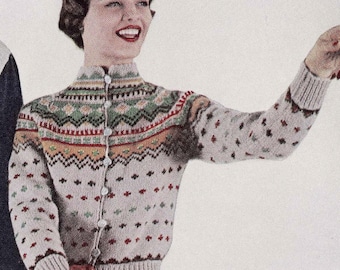PATTERN Vintage Ski Lodge Button Down Cardigan Sweater to Knit PDF Pattern Color work Fair Isle Button Down Sweater