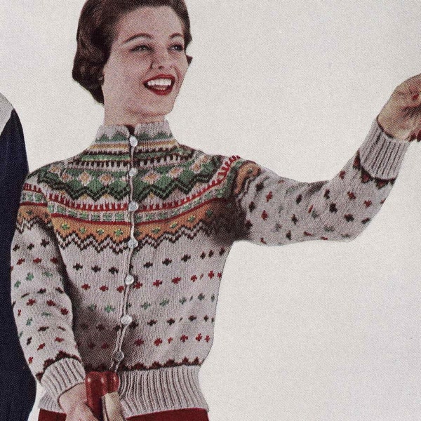 PATTERN Vintage Ski Lodge Button Down Cardigan Sweater to Knit PDF Pattern Color work Fair Isle Button Down Sweater