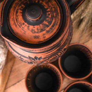 Handcrafted Terracotta Pitcher with 4 Tumblers | Eco-Friendly Pottery for Kvass | Stoneware engraved | Unglazed pottery | Water | Juice