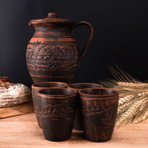 Jug with handle | Clay Pitcher and Cups Set | Handmade Red Clay Jug with 4 Tumblers | Pitcher wine | Rustic Ukrainian Pottery Set for Drinks