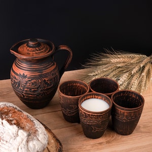 Clay Pitcher and Cups Set | Handmade Red Clay Jug with 4 Tumblers | Pitcher wine | Rustic Ukrainian Pottery Set for Drinks | Jug with handle
