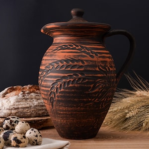 Ukrainian Clay Pitcher 2.8L | Vintage clay pot | Clay pot for water | Stoneware engraved | Pitcher of red clay | Eco friendly