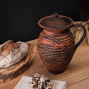 Handmade clay jug | Ukrainian Clay Pitcher 2.8L | Vintage clay pot | Clay pot for water | Stoneware engraved | Pitcher of red clay