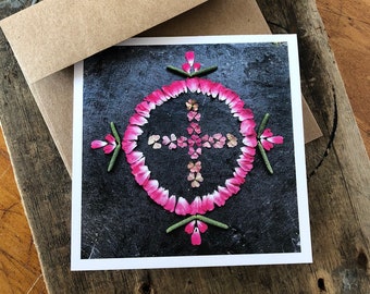 Pink Clover Mandala Note Card, 5x5 square with envelope, blank inside.