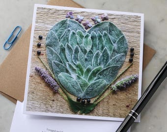 Lambs Ear Heart Mandala ~ One 5x5 Square Note Card (with envelope, blank inside, no message)