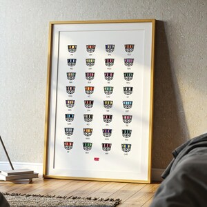May include: A framed vertical poster featuring a grid of thirty-two small, colourful, circular icons, each containing unique patterns and text labels. The poster is enclosed in a thin gold frame and displays a white background with a small red logo at the bottom.