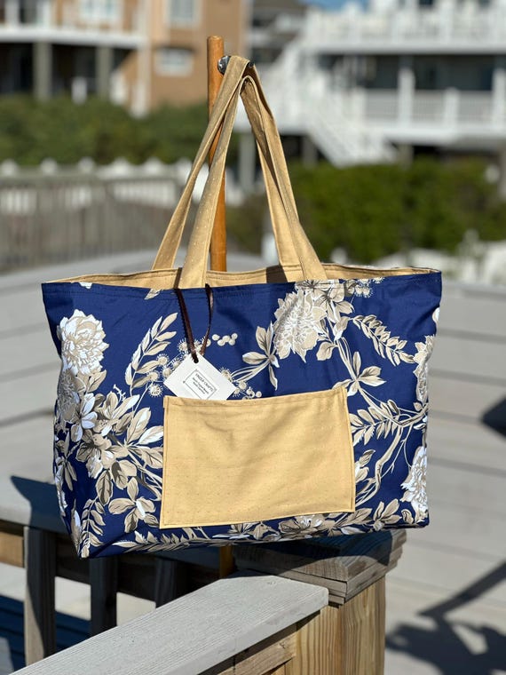 Navy Floral Reversible Beach Tote: Structured Travel Pool Bag
