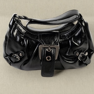 Y2K Style Black Patent Leather Shoulder Bag – Buckle Purse, 2000s Aesthetic Handbag
