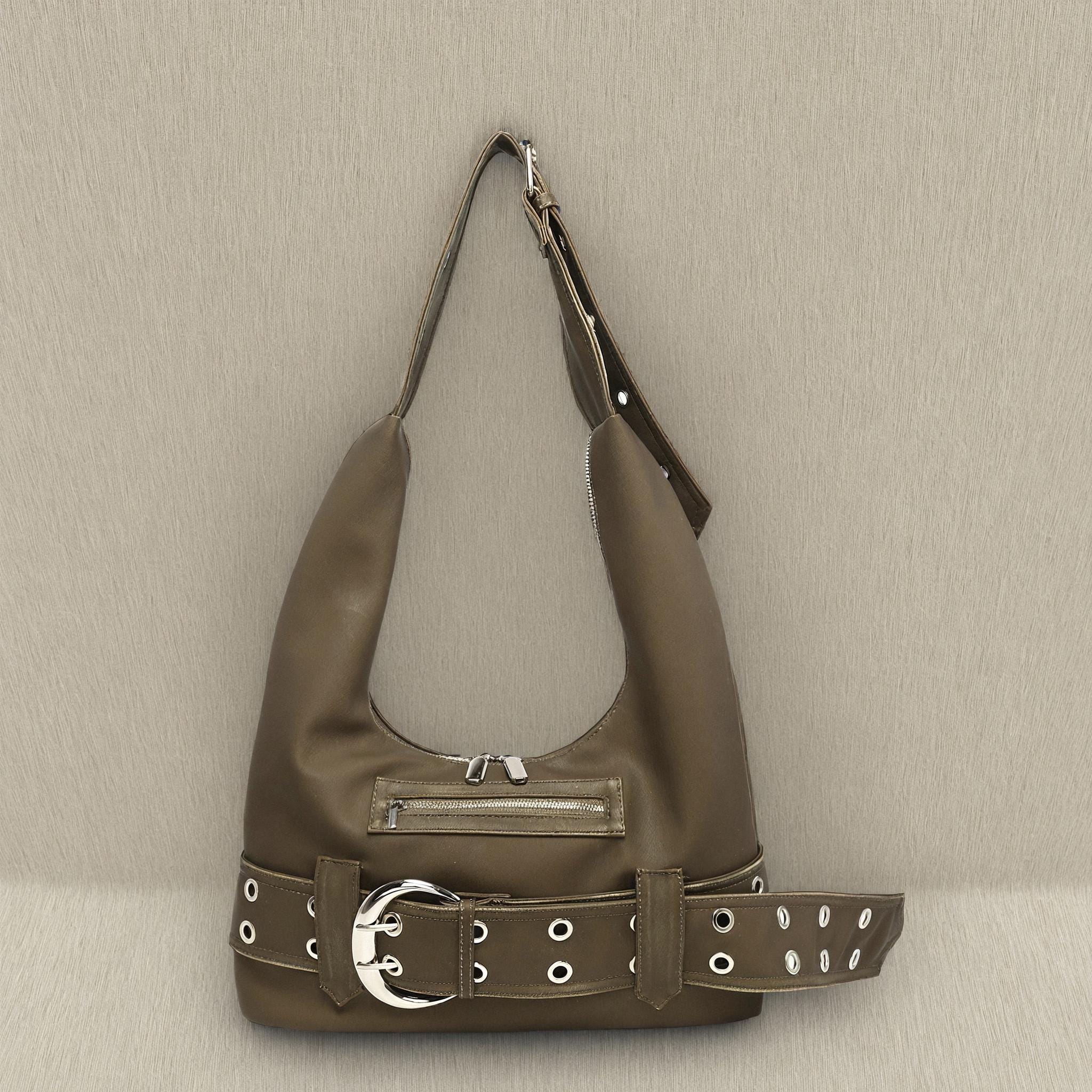 Brown Faux Leather Shoulder Bag: Y2K Grunge Style, Detachable 