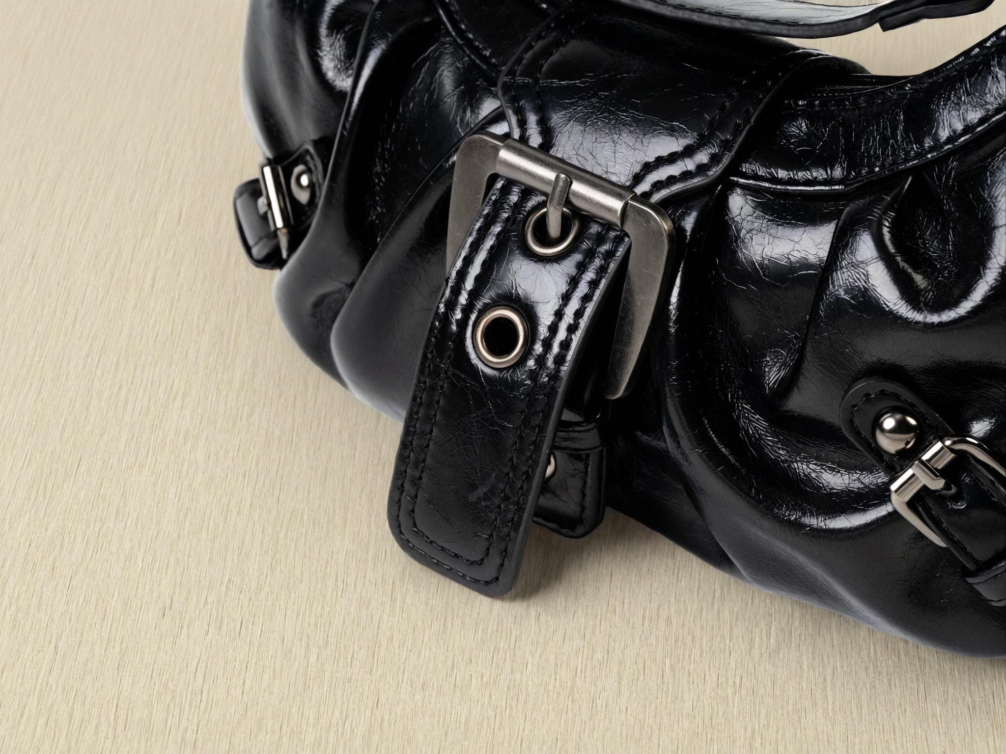 Y2K Black Patent Faux Leather Shoulder Bag: Silver Buckle Purse