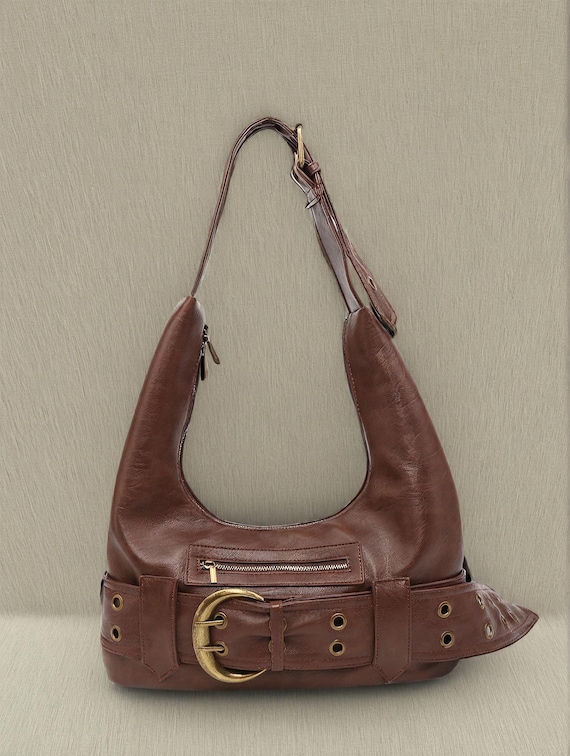 ブラウン レザー バッグ y2k リアルレザー メッセンジャーバッグ