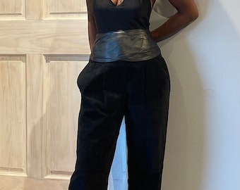 1980s Vintage disco chic black suede trousers with lining and leather waist band zips in the back