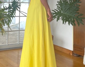 1970s, Springtime in the country, floor length, canary yellow, halter dress with shawl, womens 5