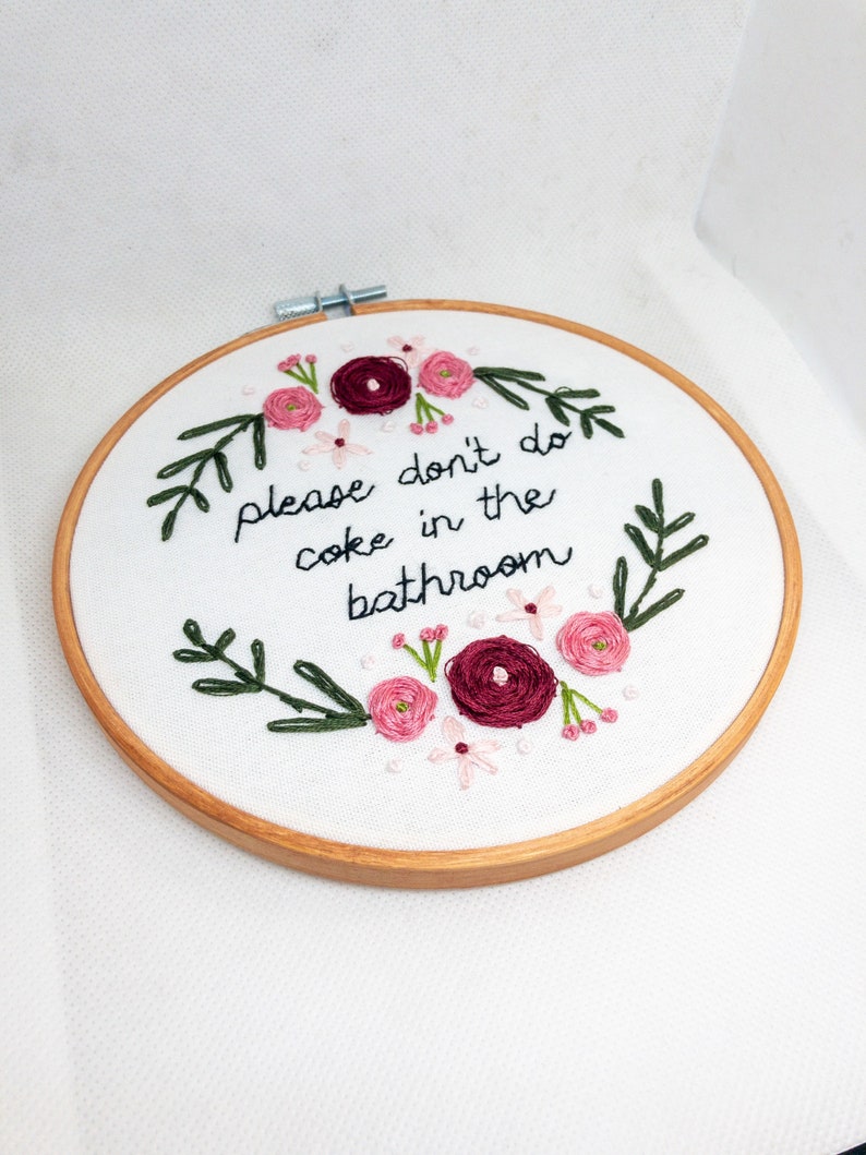 Please Dont do Coke in the Bathroom Handmade Embroidery Gift Funny Birthday Housewarming Home Decor image 2