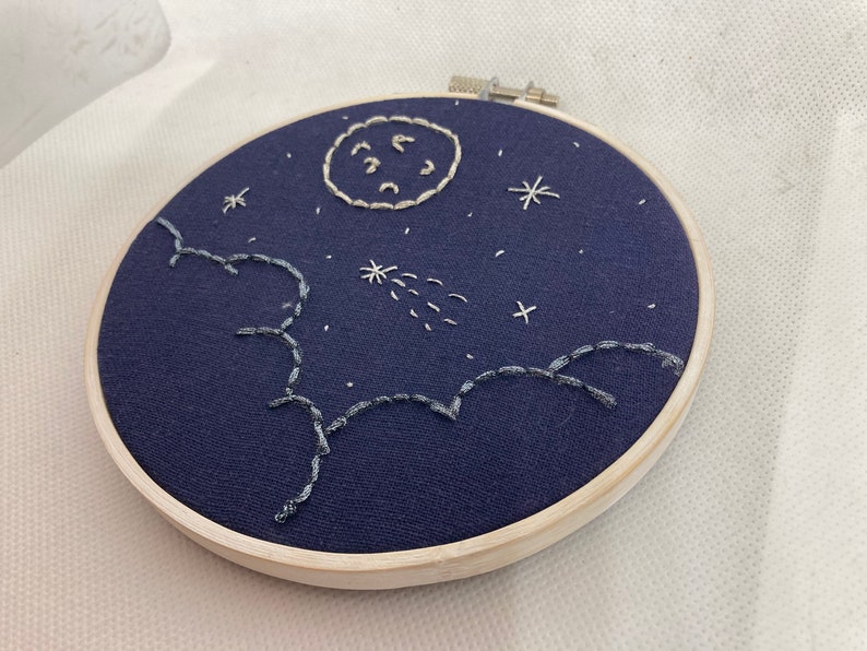 Starry Night Moon Shooting Star Handmade Gift Embroidery on 5inch painted wooden hoop