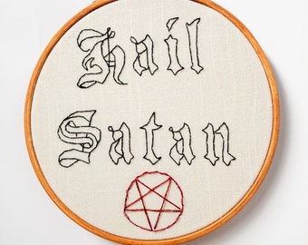 Hail Satan Handmade Embroidery Gift Funny Birthday Housewarming Home Decor Pentagram Devil Demon