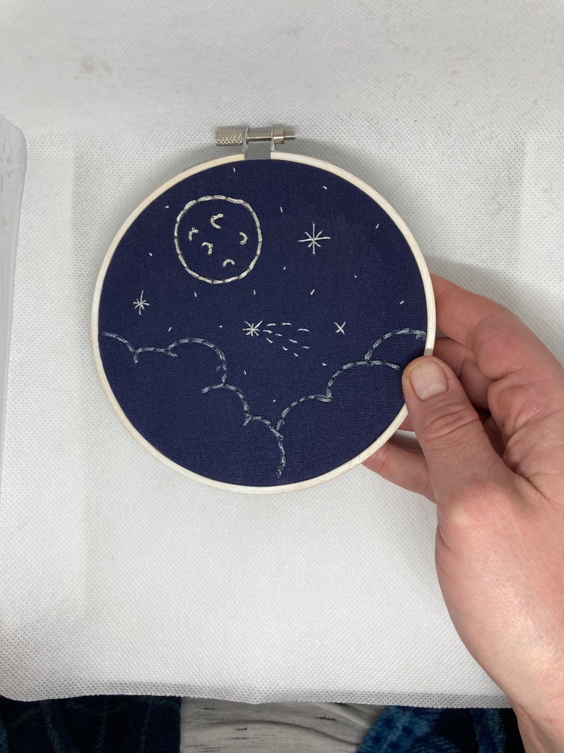 Starry Night Moon Shooting Star Handmade Gift Embroidery on 5inch painted wooden hoop