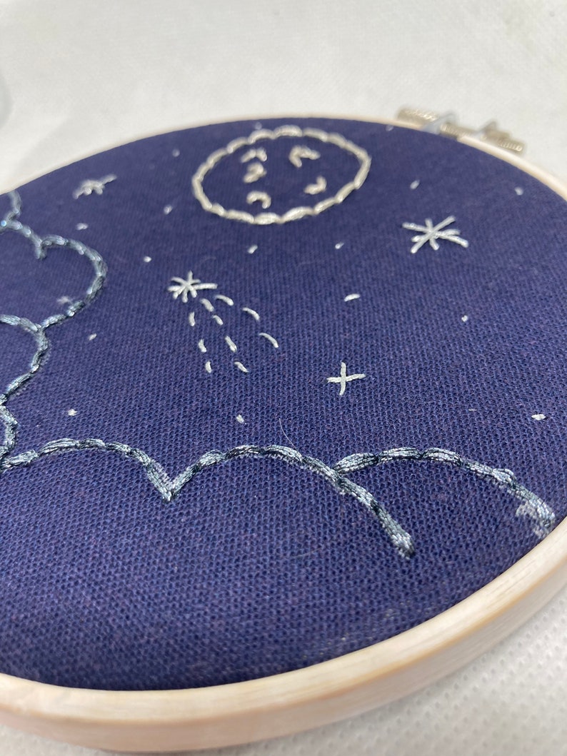 Starry Night Moon Shooting Star Handmade Gift Embroidery on 5inch painted wooden hoop