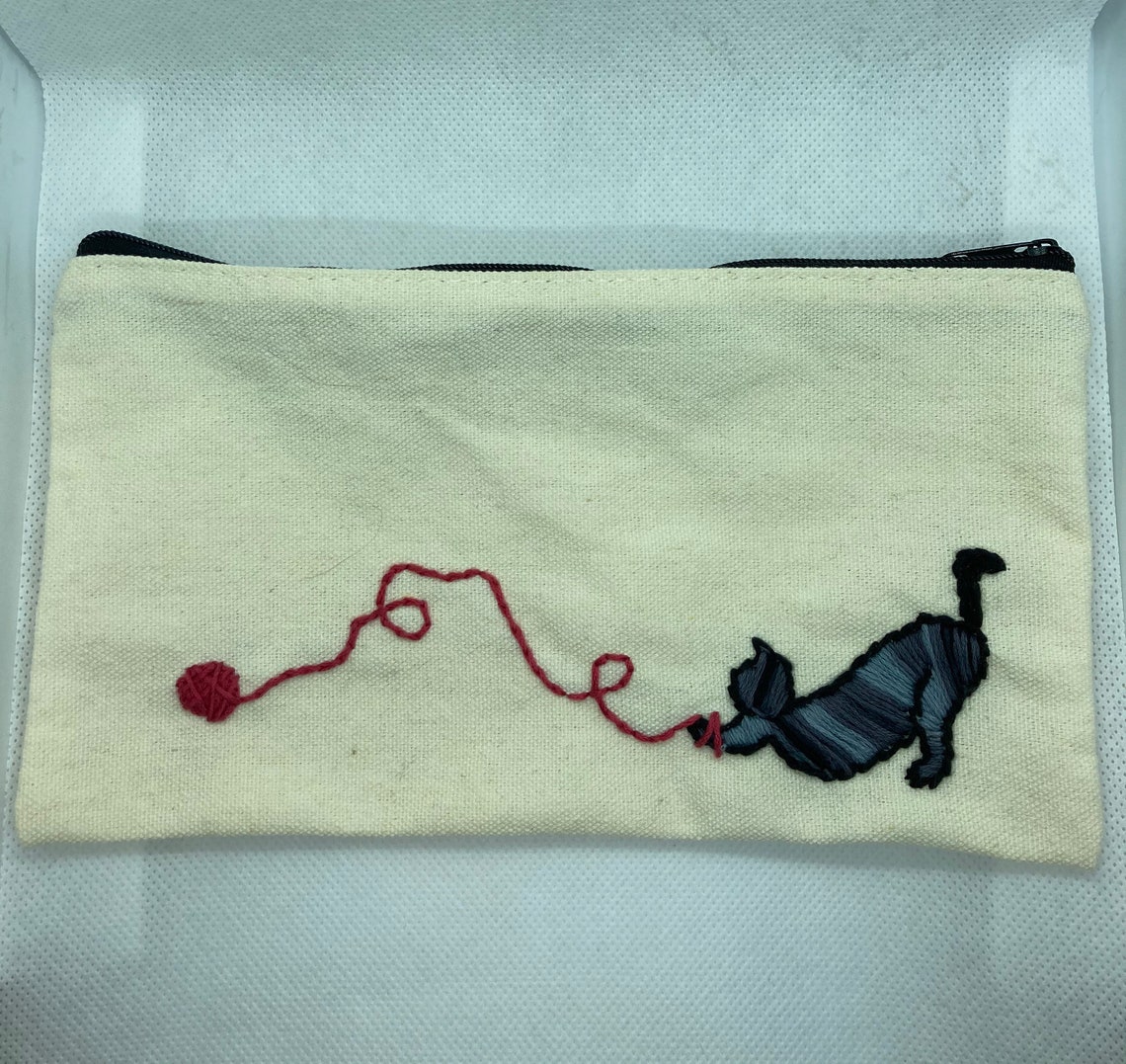 Cat Kitten Chasing Yarn Gift Cute Handmade Embroidered Makeup Etsy