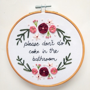 Please Dont do Coke in the Bathroom Handmade Embroidery Gift Funny Birthday Housewarming Home Decor image 1