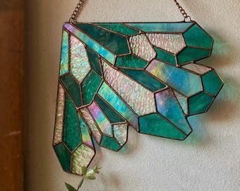 Crystal Stained Glass Corner Panel, Iridescent Green Geometric Sun Catcher, Boho Window Decor, Handmade Glass Art Gift, Witchy Home Decor