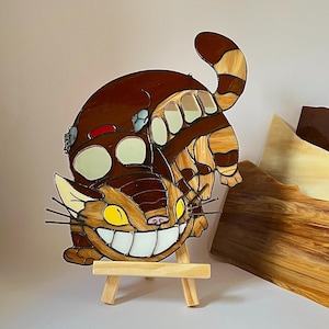 Atrapasueños de gato de fantasía con vitrales, criatura mágica de transporte para colgar en la ventana, arte de pared de animales de cristal Tiffany hecho a mano.