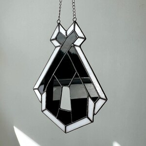 Stained Glass Suncatcher: Geometric Cottage, Black & White Window Hanging