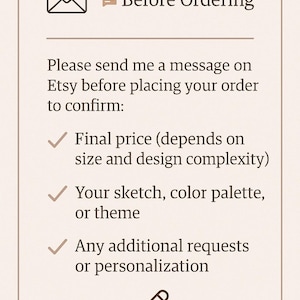 May include: A beige graphic with the text "Before Ordering" and a message icon. The text advises sending a message on Etsy before ordering to confirm the final price, sketch, color palette, or theme, and any personalization.