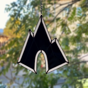 Stained Glass Mountain Suncatcher: Black & White Geometric Window Art