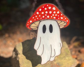 Stained Glass Ghost Mushroom Suncatcher: Halloween Window Decor