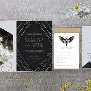 Wedding Invitation Suite: SAMPLE (silver foil, death moth, minimal, modern, vintage, art deco, floral, dark, black)